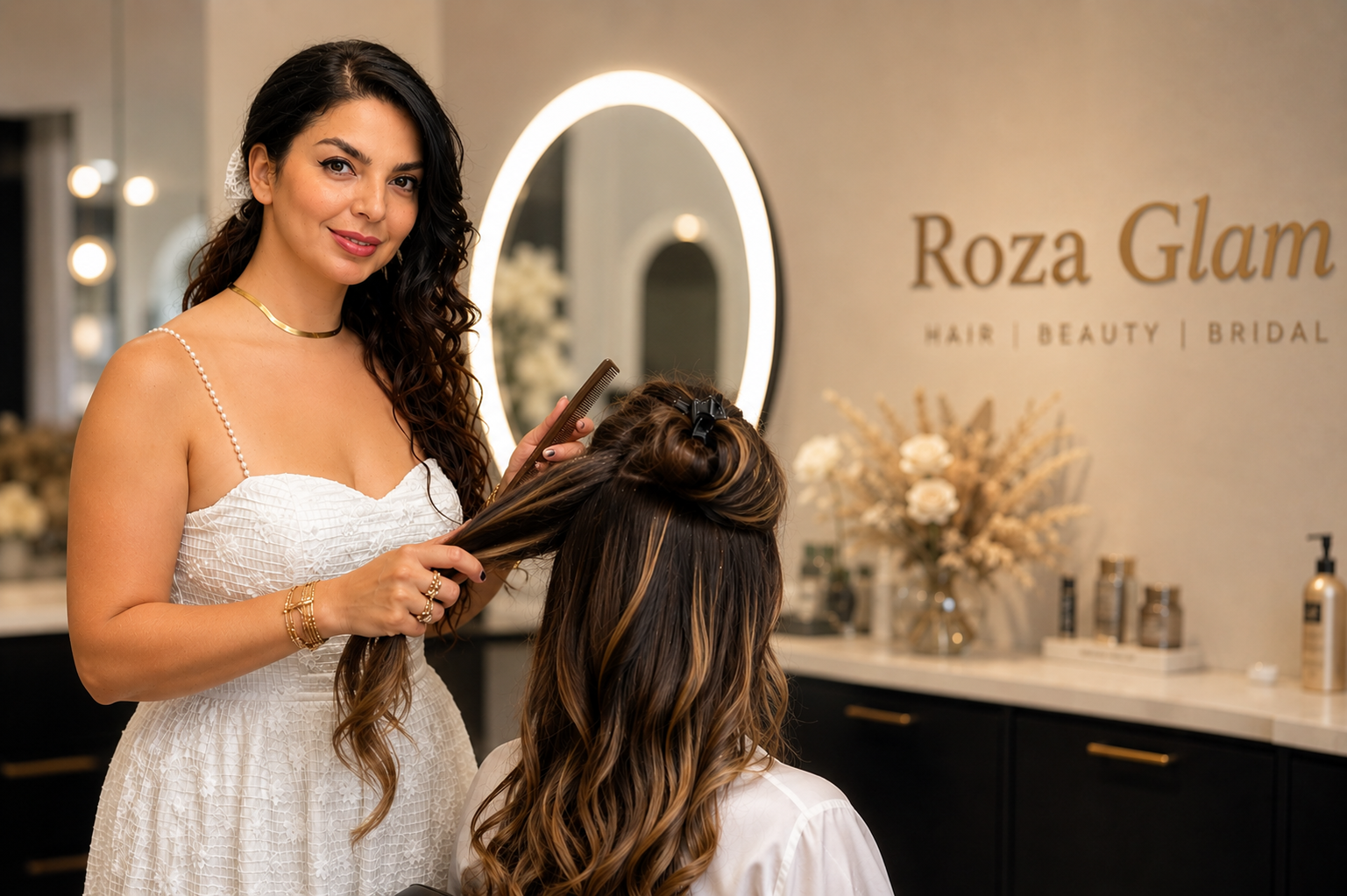 Roza of Roza Glam styling a client's hair in her Irvine beauty studio