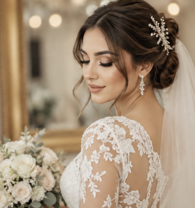 Bride with an elegant bridal updo and soft natural makeup styled by Roza Glam in Irvine
